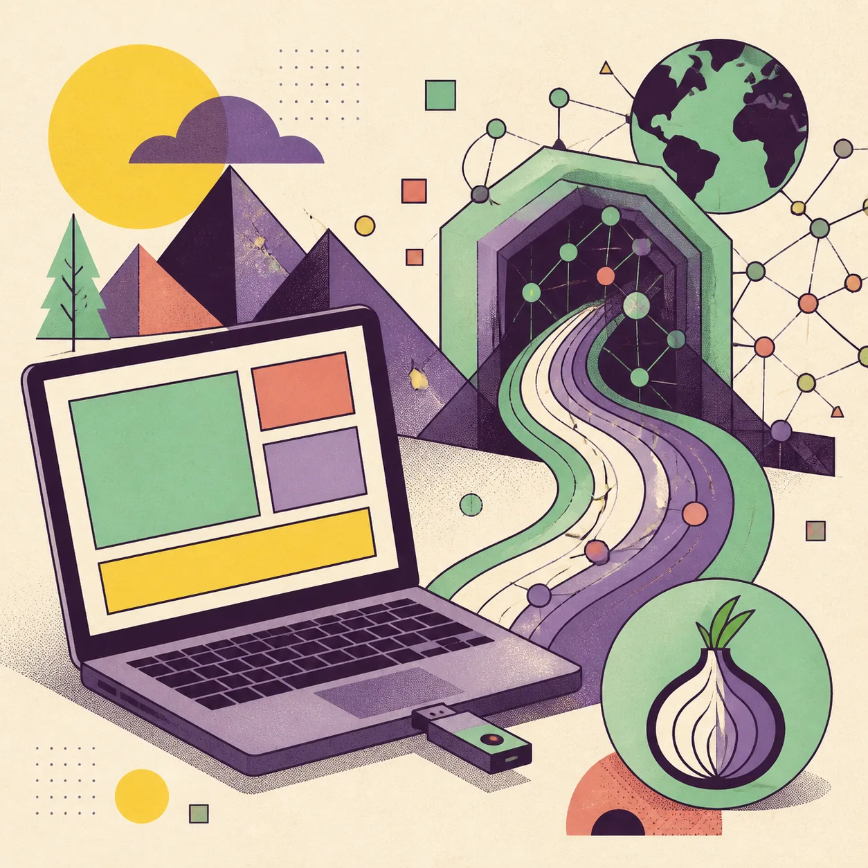 Editorial concept illustration of Tails OS, a browser session, a USB drive, and an onion-shaped network route