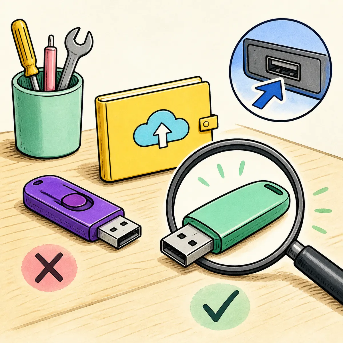 Editorial illustration showing backup, device identification, and a direct USB connection