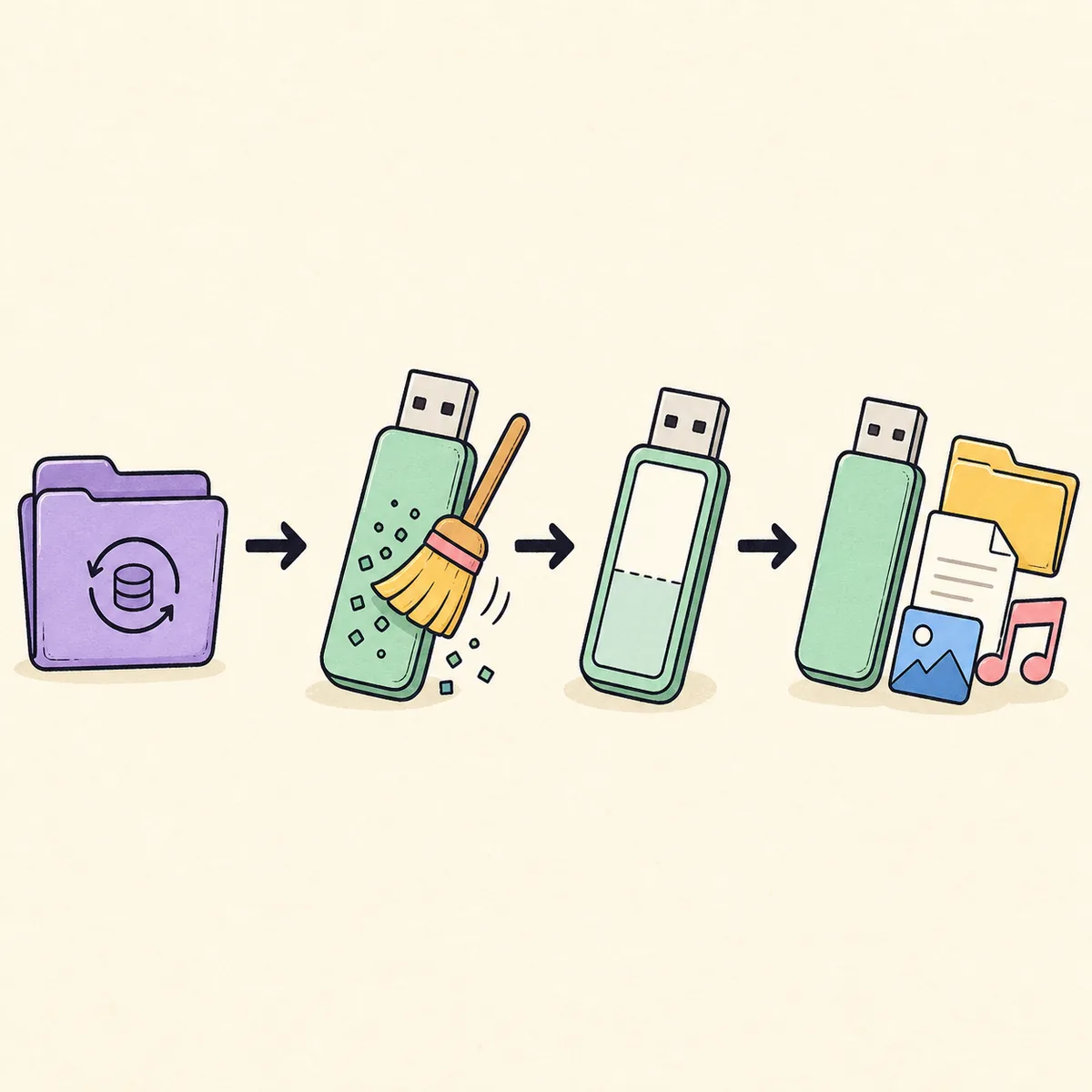 Four-step editorial flow from backup to clearing, creating a volume, and reusing a USB