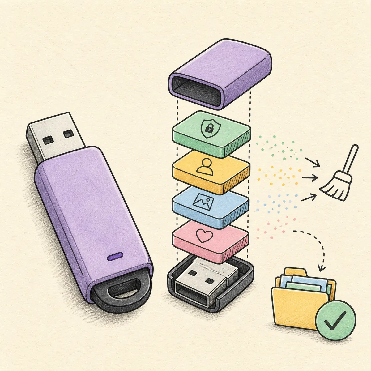 Editorial illustration of a Tails USB being cleared after a backup
