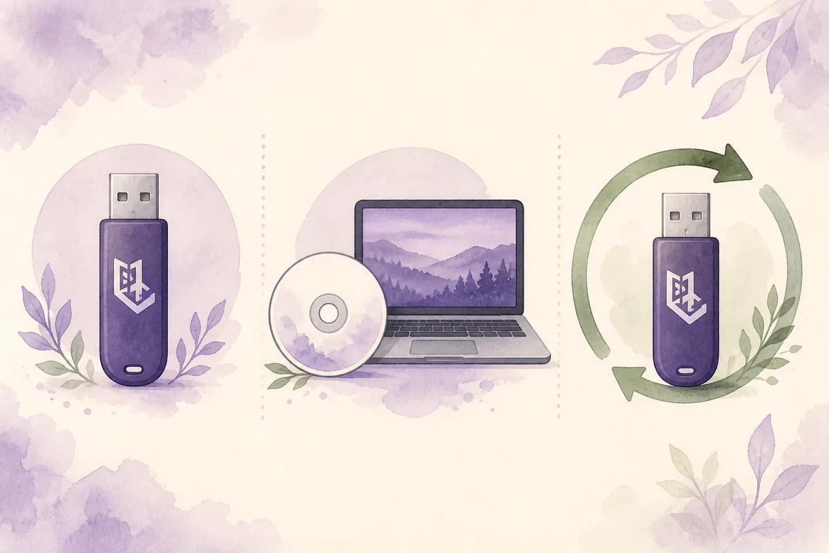 Tails USB、ノートパソコン上のISO、既存USBの更新を比較する編集用イラスト