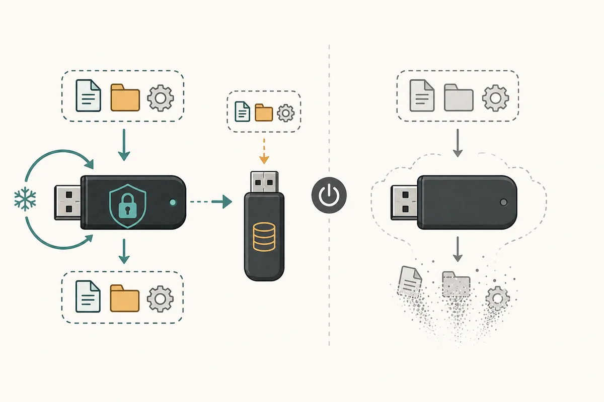 Redaktionelle Illustration mit geschützten persistenten Daten auf einem USB und einem separaten Backup-Gerät