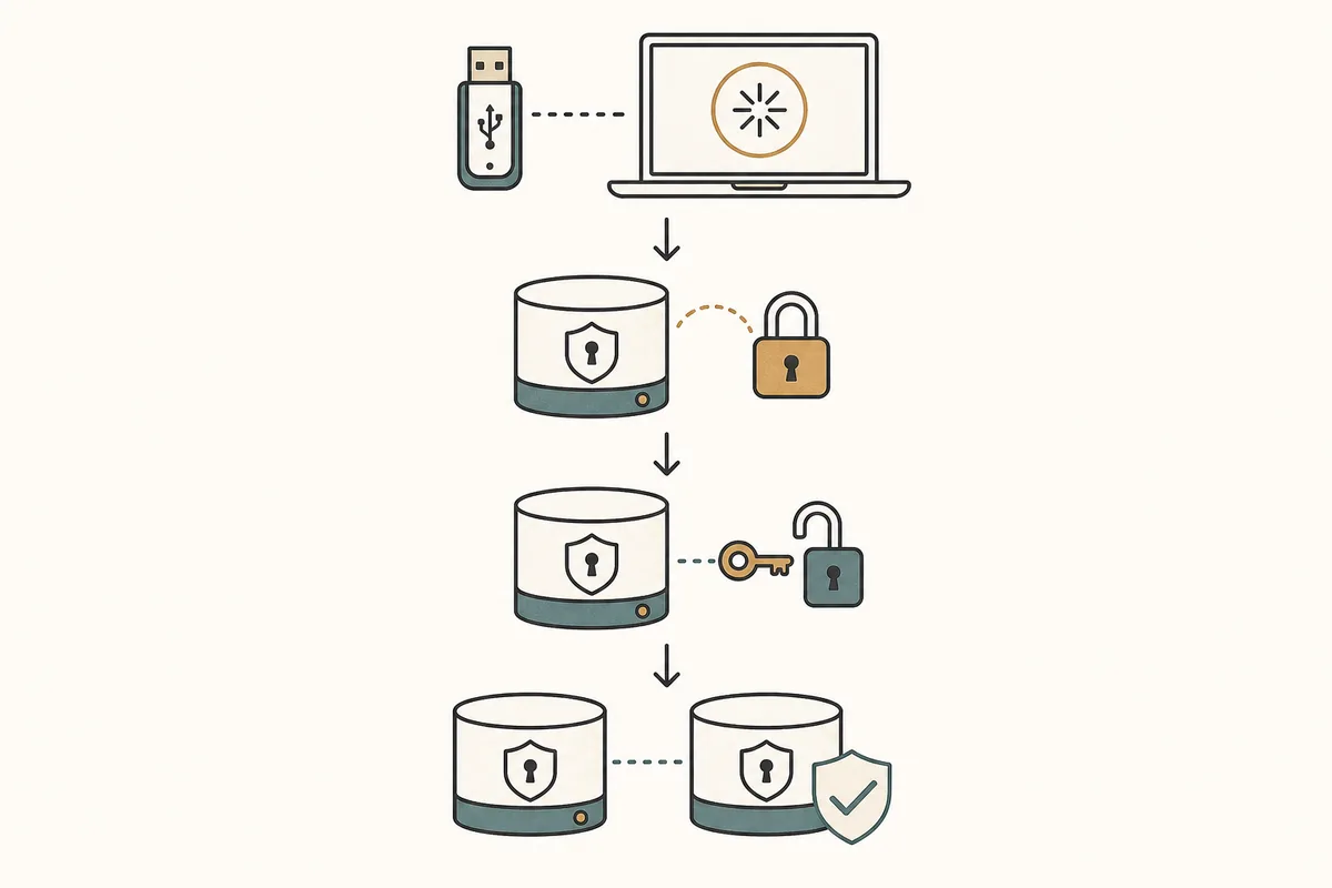 Redaktionelles Diagramm mit vier Schritten: Tails starten, verschlüsselten Speicher erstellen, entsperren und Backup prüfen