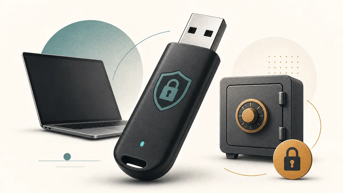 Redaktionelle Illustration eines Tails-USB neben einem verschlüsselten Tresor und einem Laptop