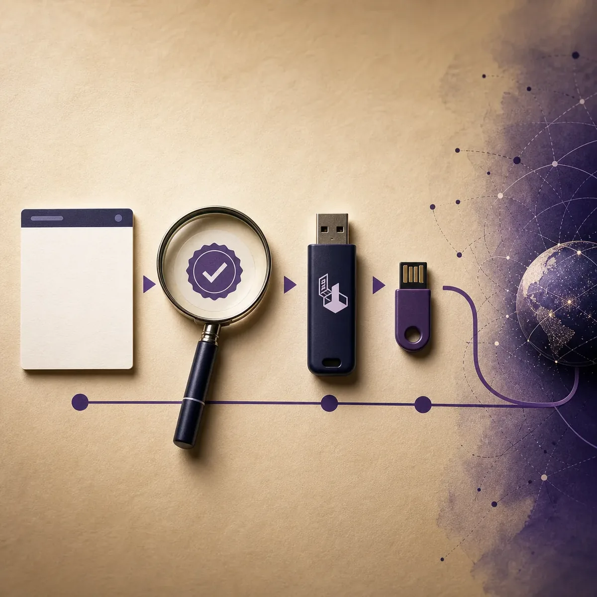 Editorial illustration of a verified download, USB, backup device, and privacy network path