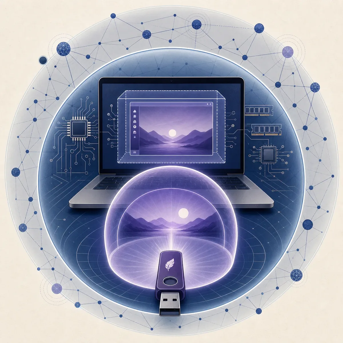 Editorial diagram showing a direct USB session and a virtual machine inside a host boundary