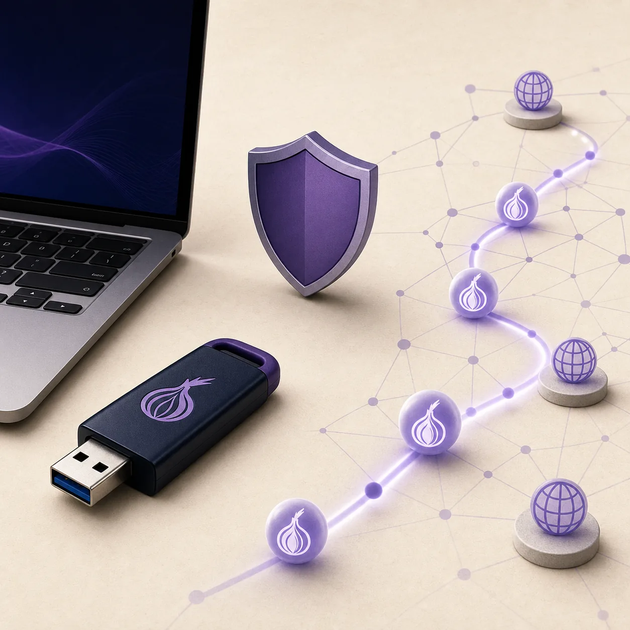 Editorial illustration of a Tails USB, privacy shield, and Tor-style network path