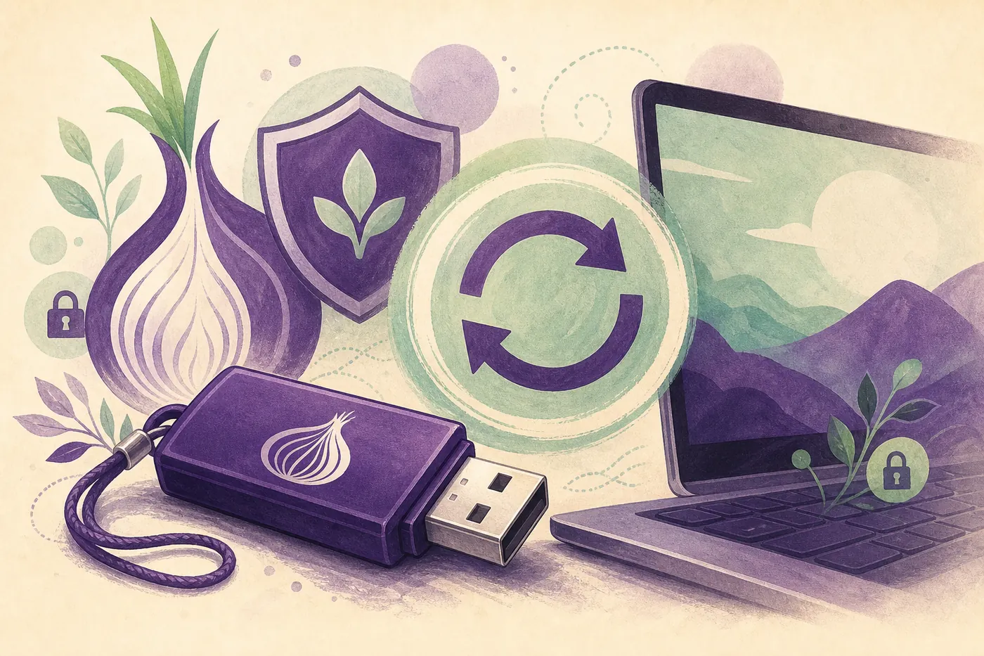Illustrazione editoriale di un sistema privato su USB che riceve un aggiornamento protetto