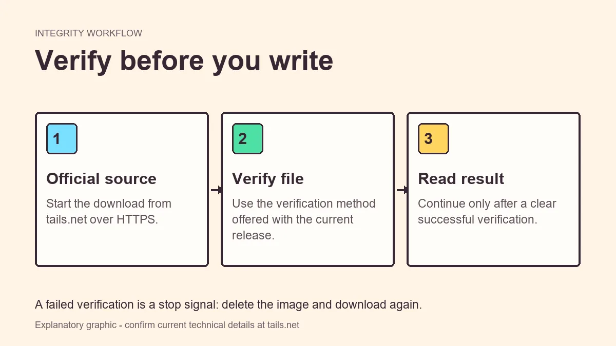 Three-step explanatory flow for downloading Tails from the official source and verifying the image