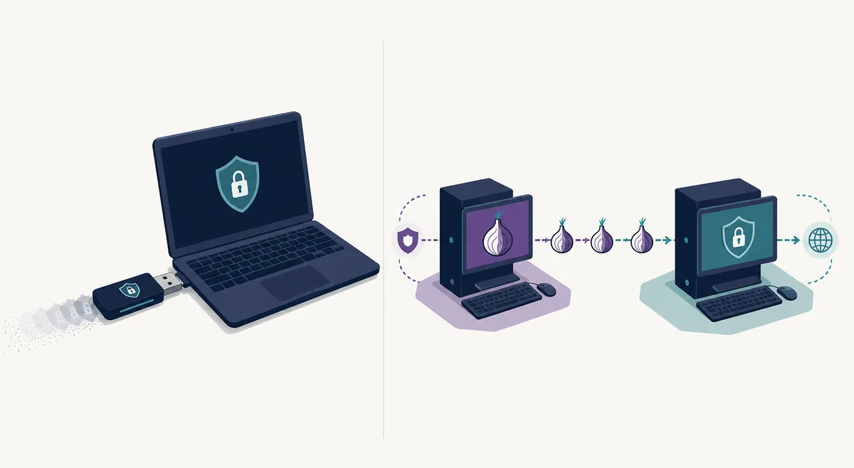 Comparación editorial entre un portátil Tails por USB y Whonix Gateway con Workstation